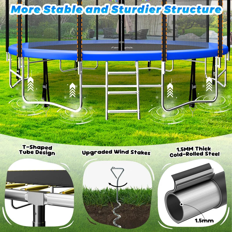16FT Trampoline for 8-9 Kids Adults with Basketball Hoop, Enclosure, Light, Sprinkler, Socks, 2000LBS Outdoor Round Heavy Duty Recreational Backyard Trampoline