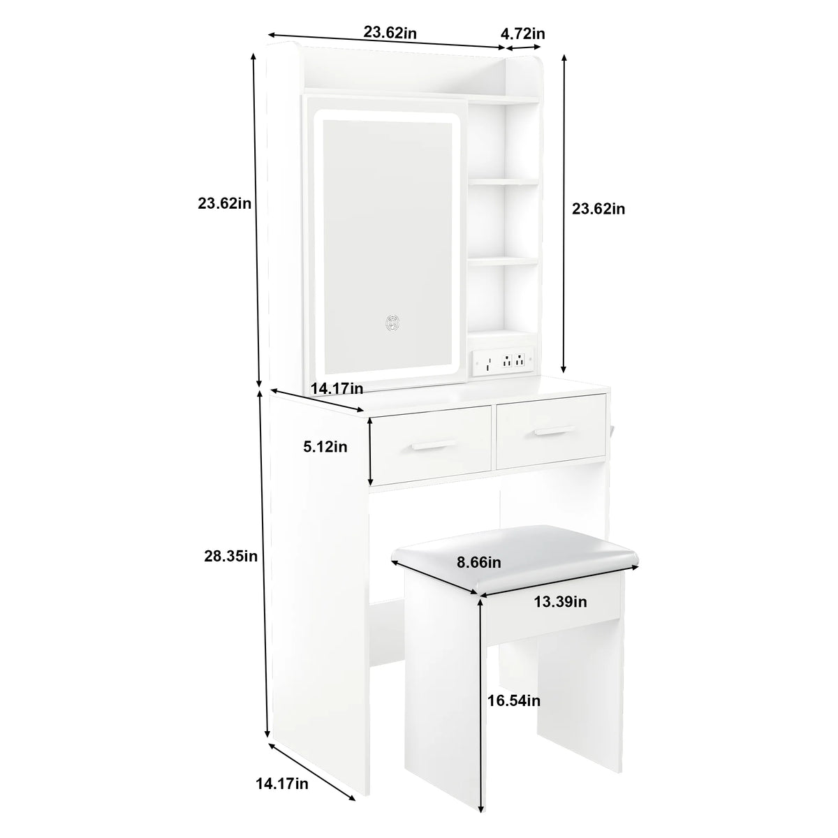 Aukfa Makeup Vanity Set with Power Outlet, Mirror & Adjustable LED Lights for Small Bedroom,White