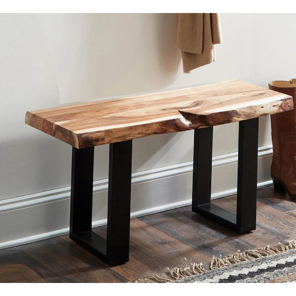 Alaterre Furniture Alpine 36-Inch Live Edge Solid Acacia Wood Bench with Black Metal Legs and Floor Protectors, Modern Farmhouse Entryway Hall Decor