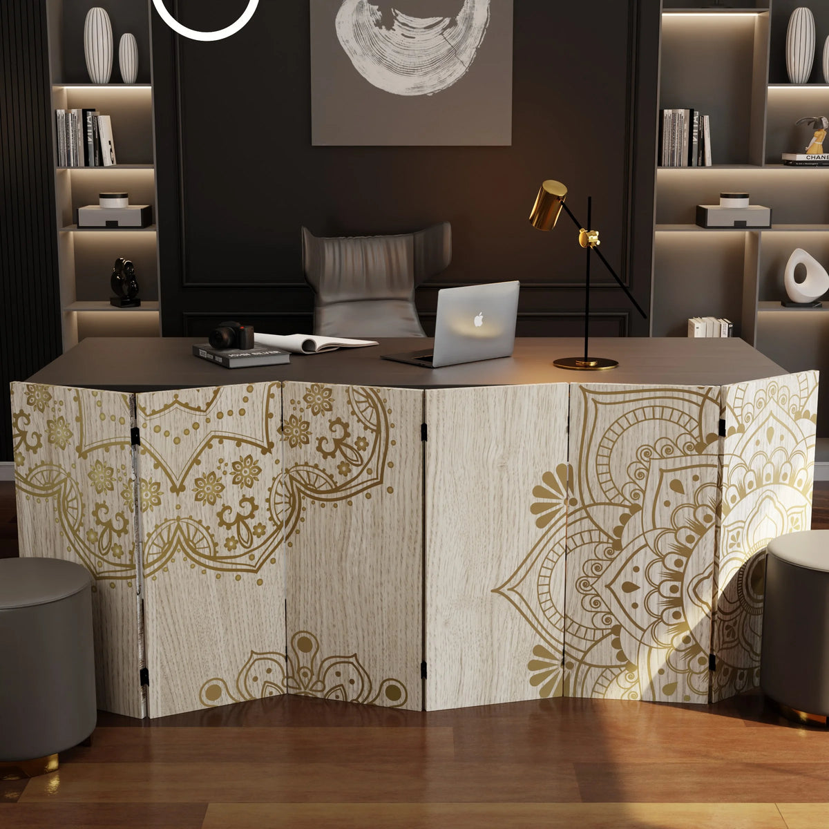 3 ft. Short Double Sided Mandala on Oak Canvas Folding Screen