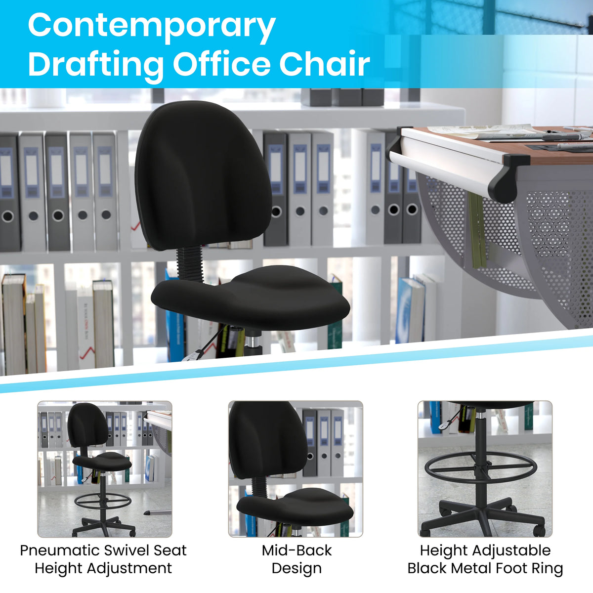 Emma  Oliver Black Fabric Drafting Chair (Cylinders: 22.5"-27"H, 26"-30.5"H)