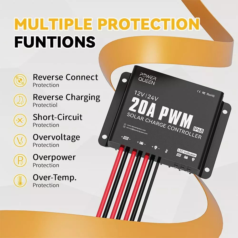 Power Queen 12V 100Ah Low Temp Protection Lithium Battery with 20A PWM Waterproof Solar Charger Controller