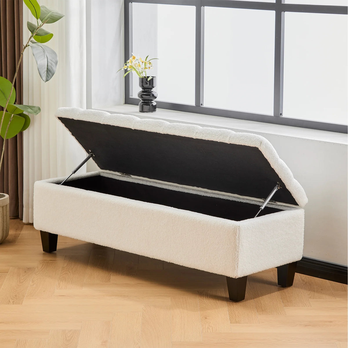 Furniliving Modern Upholstered Button Tufted Storage Ottoman Entryway Bench, Ivory