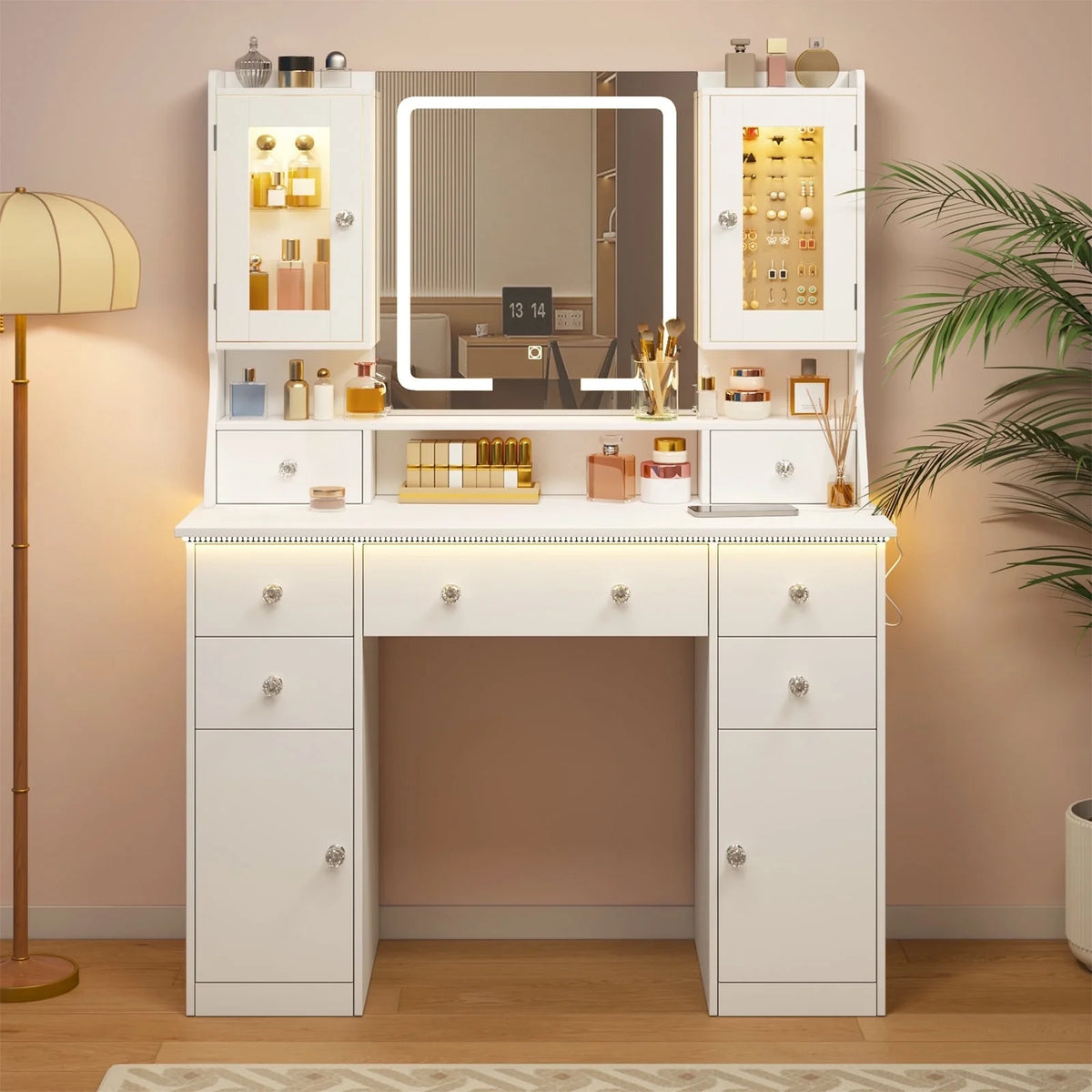 Tomnk woo White Makeup Vanity Desk with Large Mirror, Adjustable Lights, Storage Drawers & Power Outlets