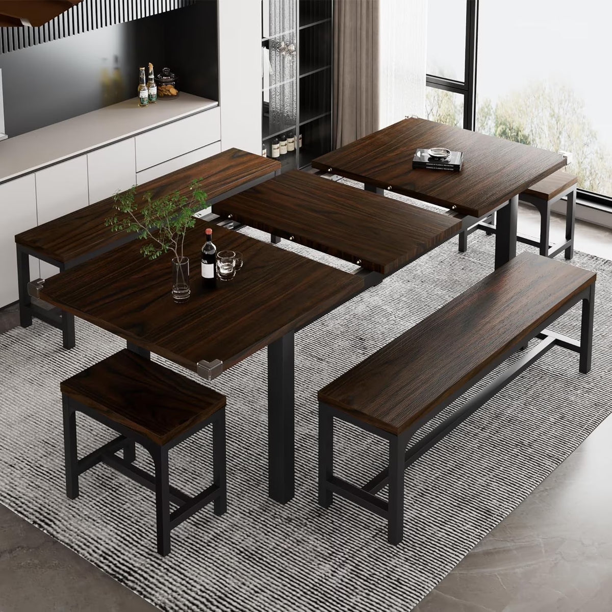 iPormis 5-Piece Dining Table Set for 4-8 People, Extendable Kitchen Table Set with 2 Benches and 2 Square Stools, Black