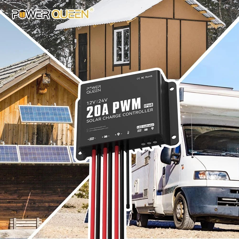 Power Queen 12V 100Ah Low Temp Protection Lithium Battery with 20A PWM Waterproof Solar Charger Controller