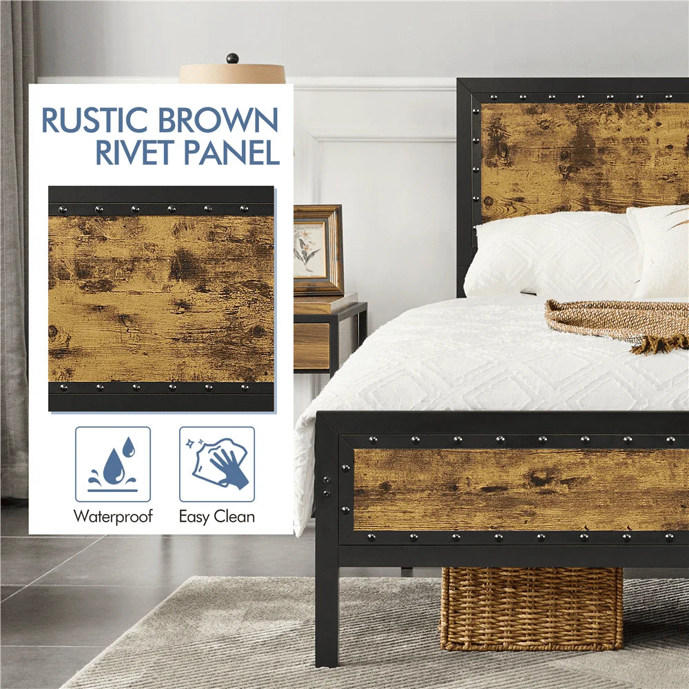 Topeakmart Industrial Metal Bed Frame with Wooden Headboard and Footboard, Full Size, Rustic Brown