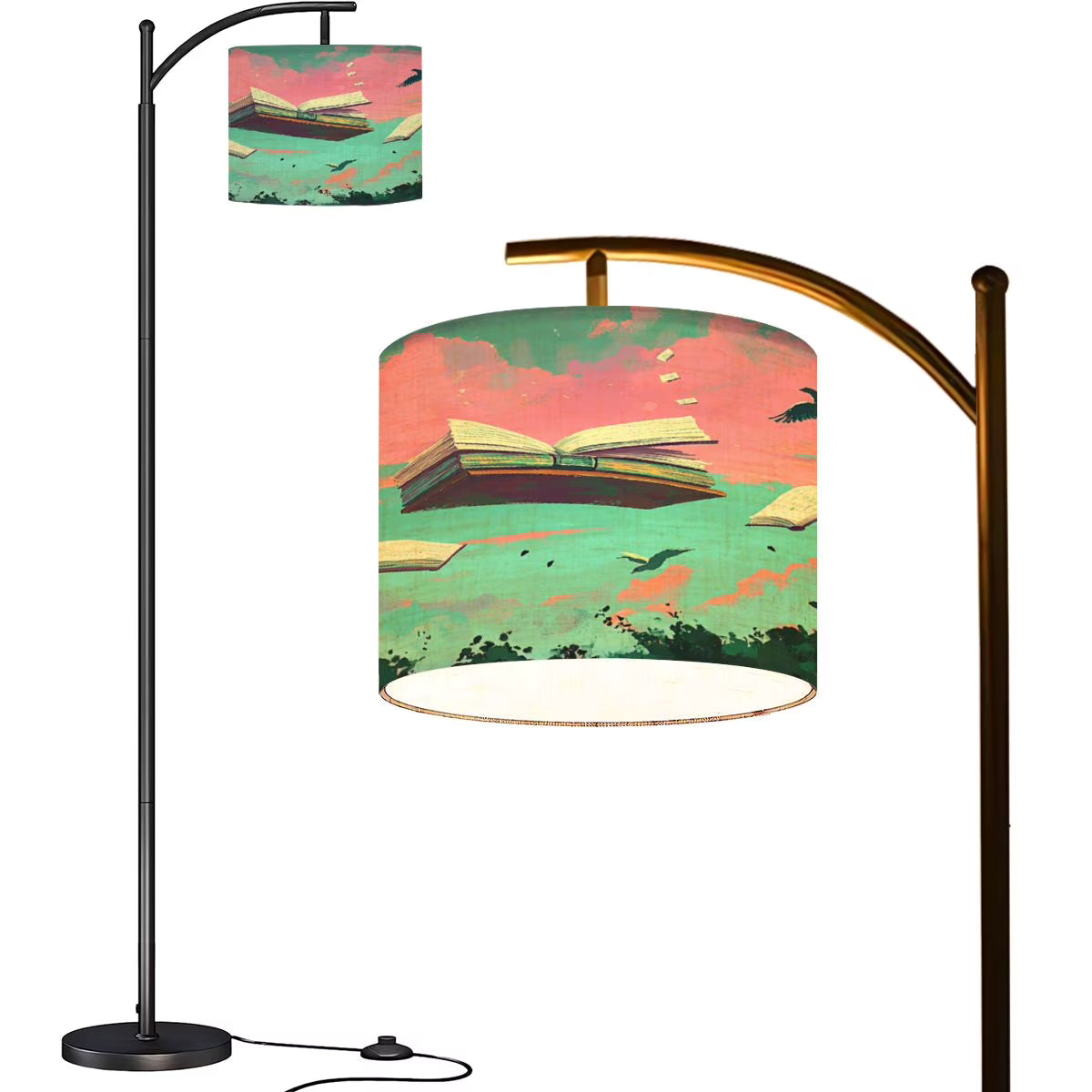 Arc Floor Lamps Surreal Bookshelf Dreamlike Sky Art Print Modern LED Adjustable Lampshade Standing Light for Living Room Reading Bedroom Office
