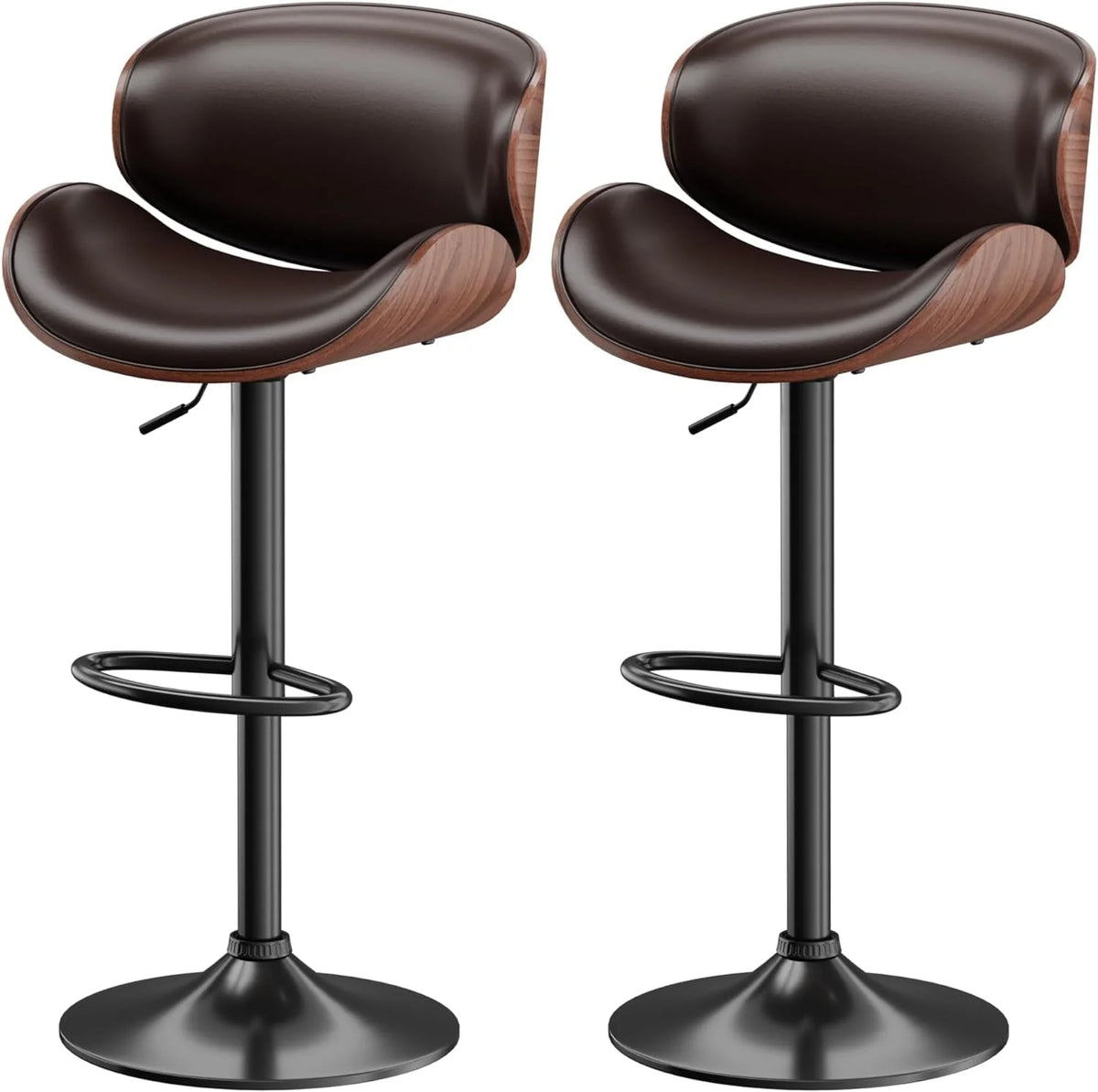 Aowos Bar Stools Adjustable Swivel Barstools Counter Stools with Back Sets of 2, Mid-Century Modern PU Leather Upholstered Counter Height Barstools, Kitchen Island Bar Chairs, Brown