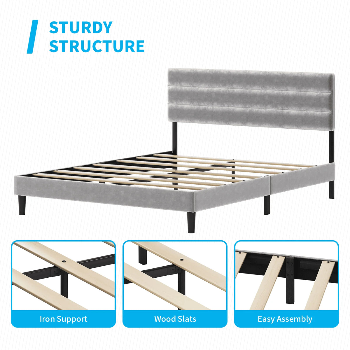 MUZZ Modern Upholstered Velvet Bed Frame, Platform Bed Frame Tufted | Light Grey, Full