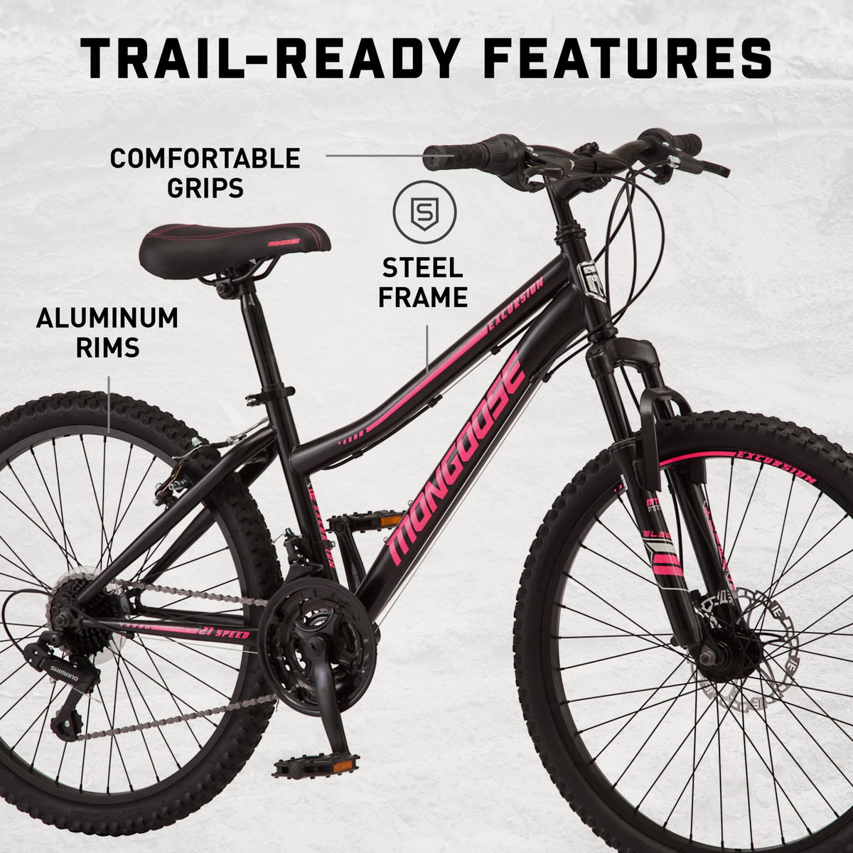 24-in. Excursion Unisex Mountain Bike, Black, 21 Speeds