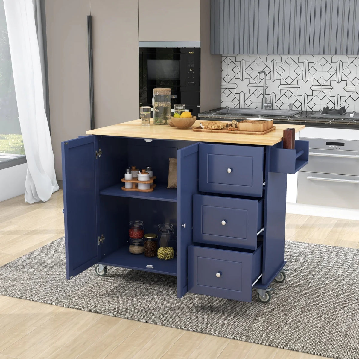 Kitchen Cart with Solid Wood Top and Drop Leaf Breakfast Bar, Rolling Mobile Kitchen Island with Storage, Spice Rack and Towel Rack, 52.7 Inch Width, Grey Blue
