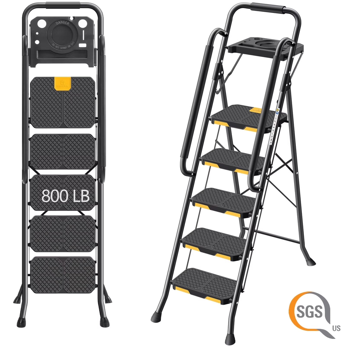 Kingrack 5 Step Folding Ladder for Adults, 800lbs Sturdy Steel  Stool Ladder with Anti-Slip Pedal&Handrail&Tool Tray for Home Kitchen Office