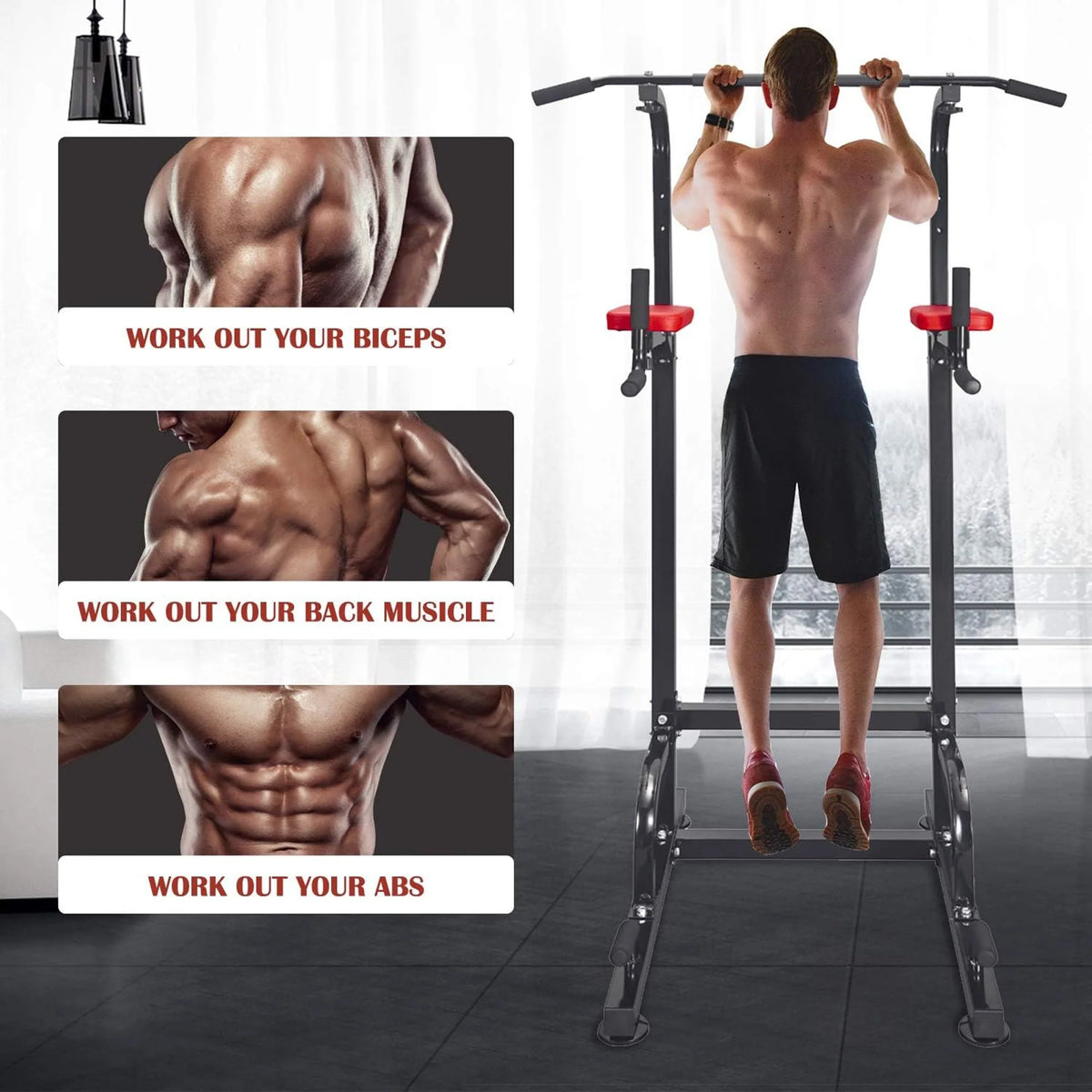 Relife Sports Power Tower Pull up Bar 36" Dip Station with Adjustable Height for Strength Training, Black