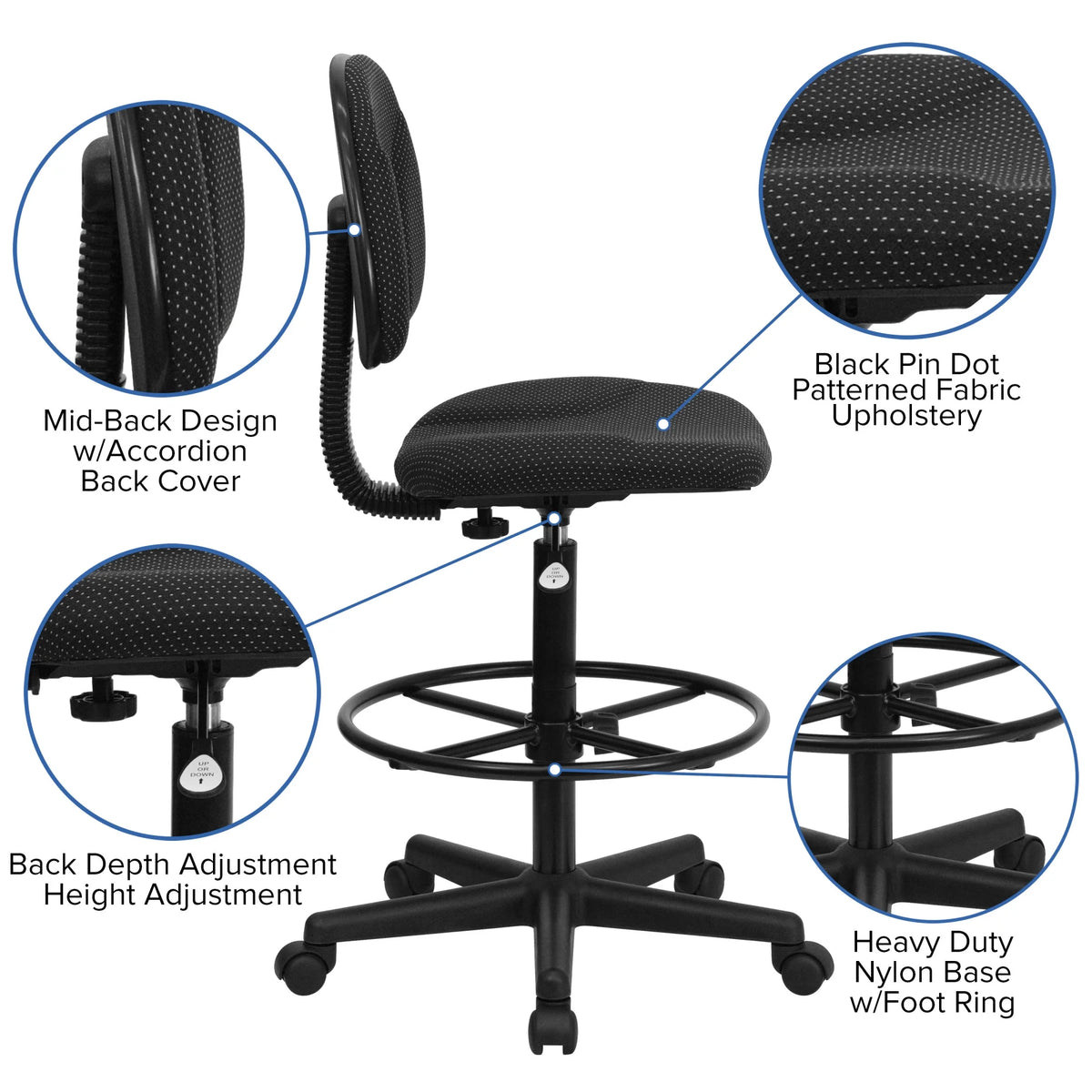 Emma  Oliver Black Fabric Drafting Chair (Cylinders: 22.5"-27"H, 26"-30.5"H)