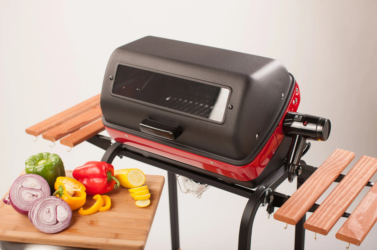 Americana Portable Electric Cart Grill with Two Folding Tables, Red