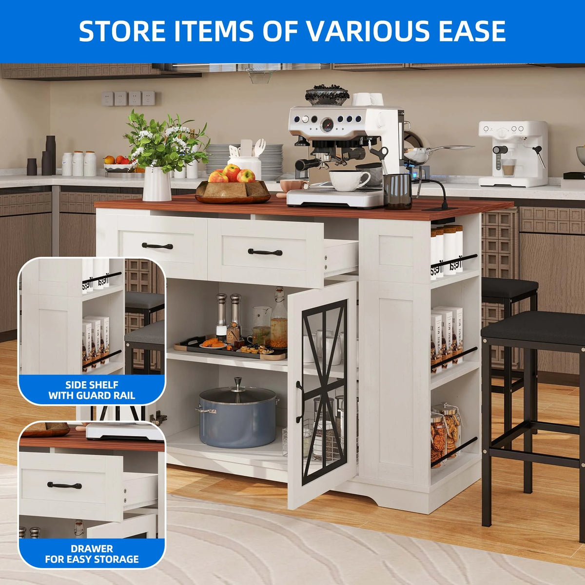 DEXTRUS Kitchen Island with Seating & Drop Leaf, Kitchen Island on Wheels with Doors & Drawers, White