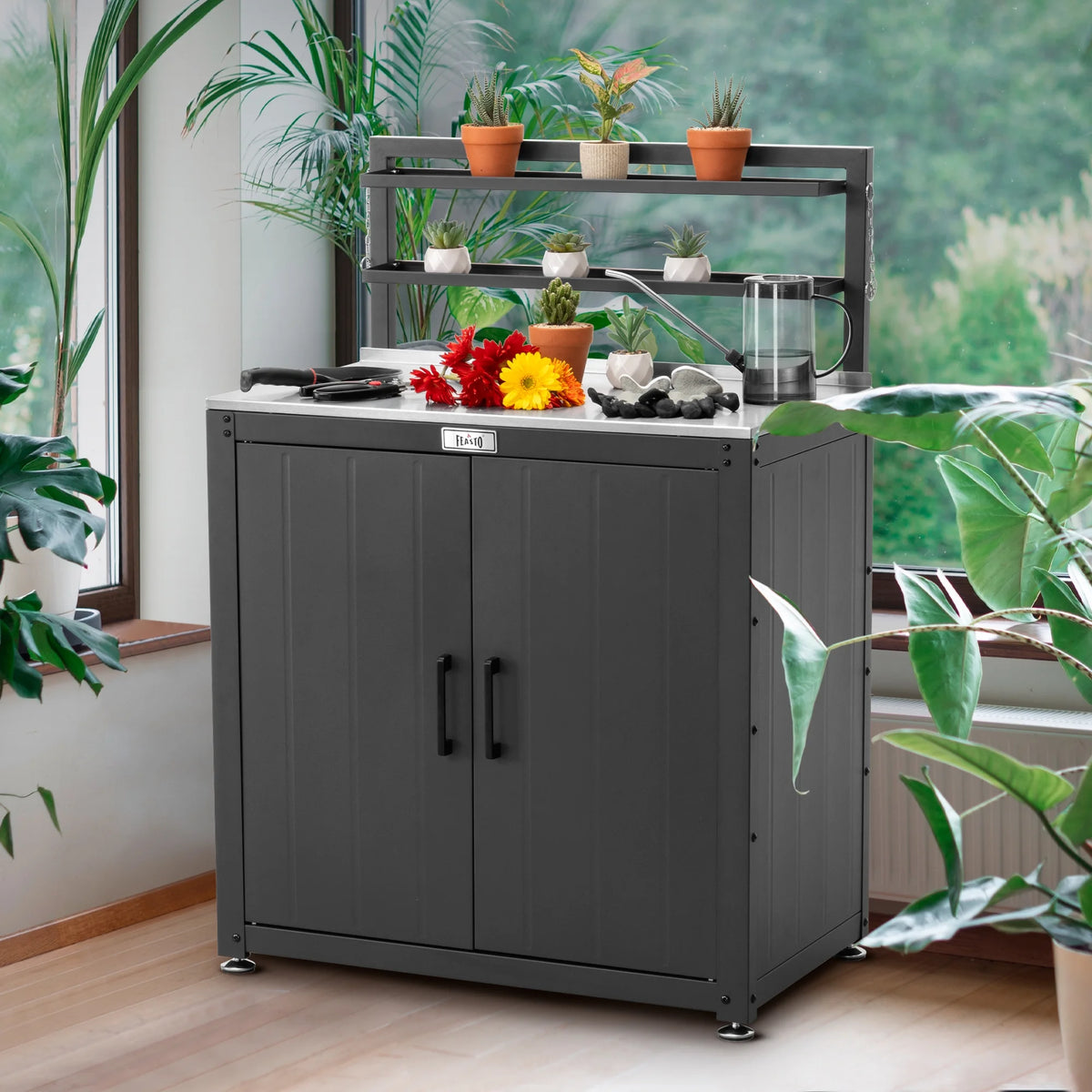 Feasto Garden Potting Bench with Storage Cabinet,Outdoor Gardening Table & Work Bench for Horticulture,Black