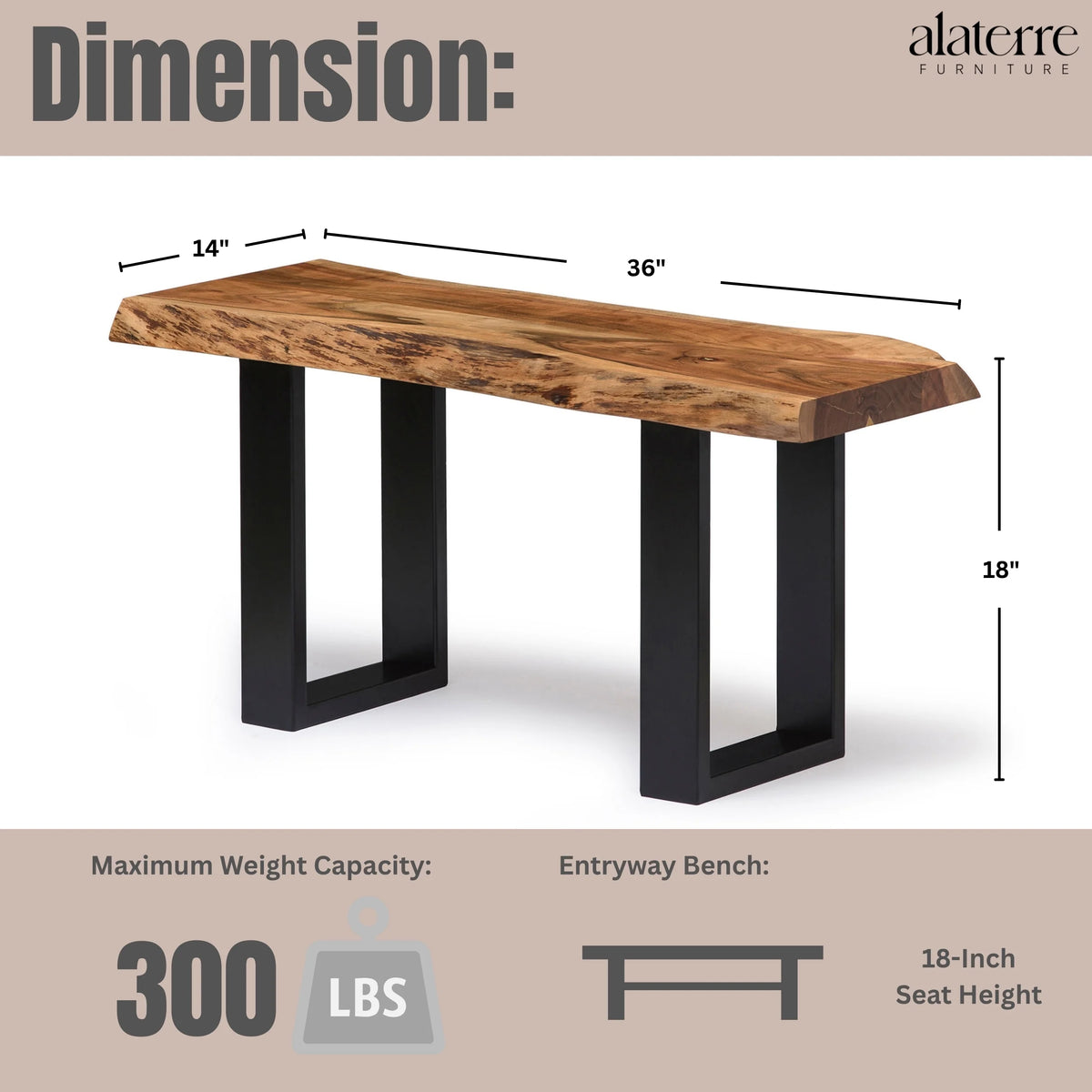 Alaterre Furniture Alpine 36-Inch Live Edge Solid Acacia Wood Bench with Black Metal Legs and Floor Protectors, Modern Farmhouse Entryway Hall Decor