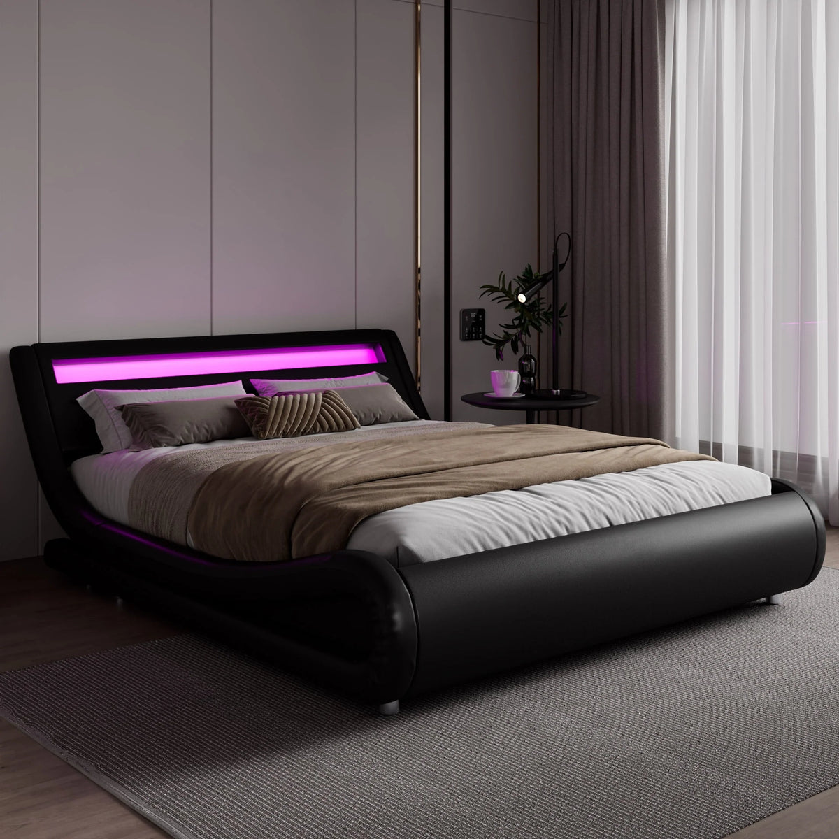 Amolife Queen Size Wave-Like Curve Deluxe Upholstered Modern Bed Frame with LED Headboard,Black