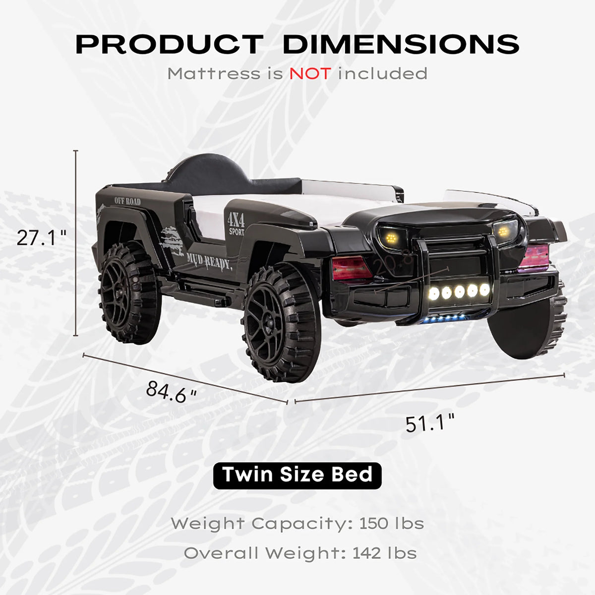 Furniture of America Terra Kids Plastic Twin SUV Bed with LED and Sound, Black