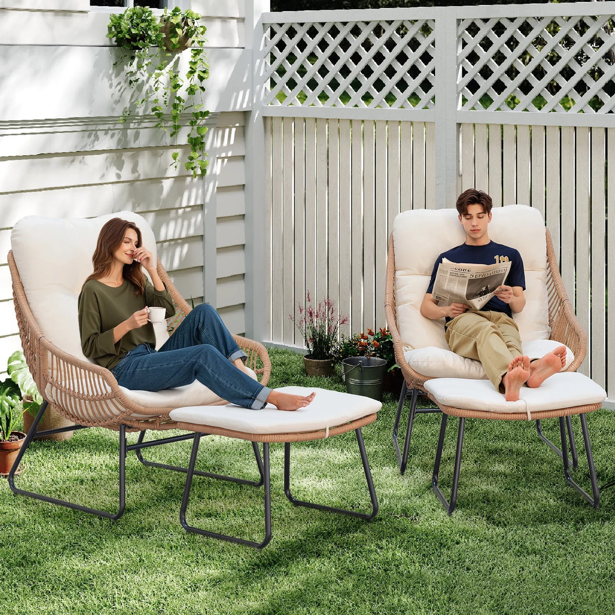 Tappio Wicker Papasan Egg Chair with Ottoman, Outdoor Patio Basket Lounge Chair Indoor Oversized Egg Lounger with Thick Cushion for Living Room Bedroom Balcony Porch, Black