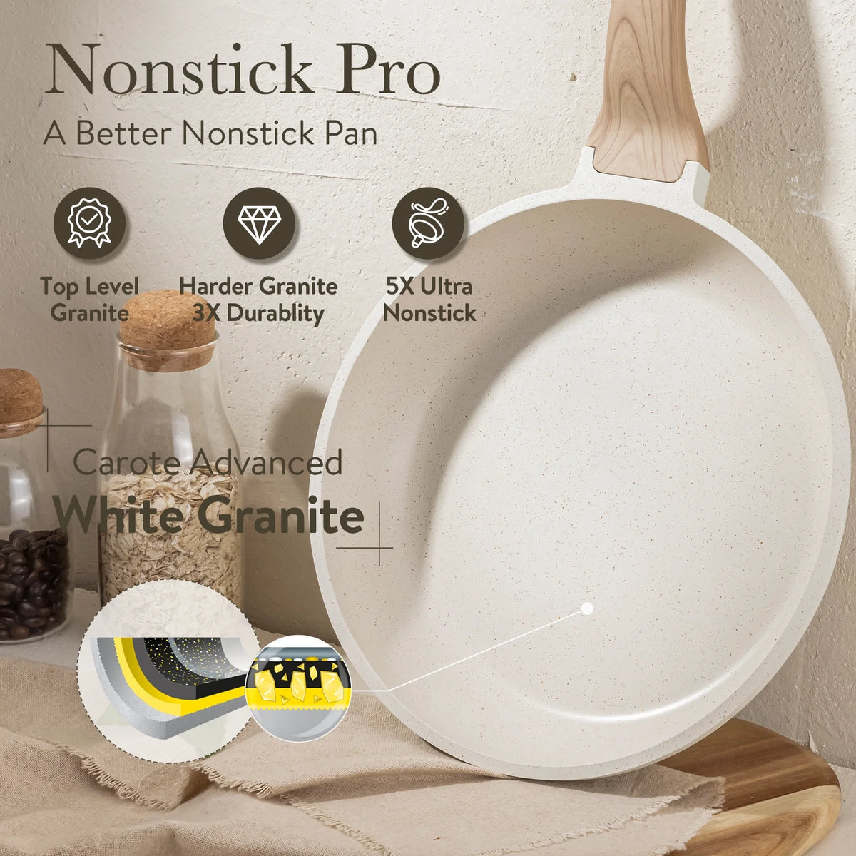 Carote Nonstick Pots and Pans Set, 18 Pcs Granite Kitchen Cookware Sets (White)