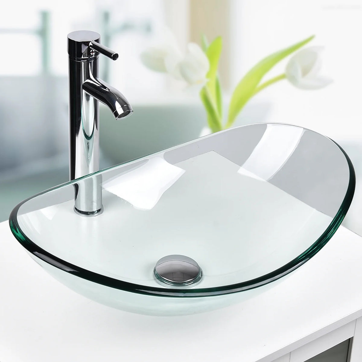 FULLWATT Bathroom Ceramic Sink Vanity Vessel Basin Porcelain Faucet Drain Combo Rectangle,White