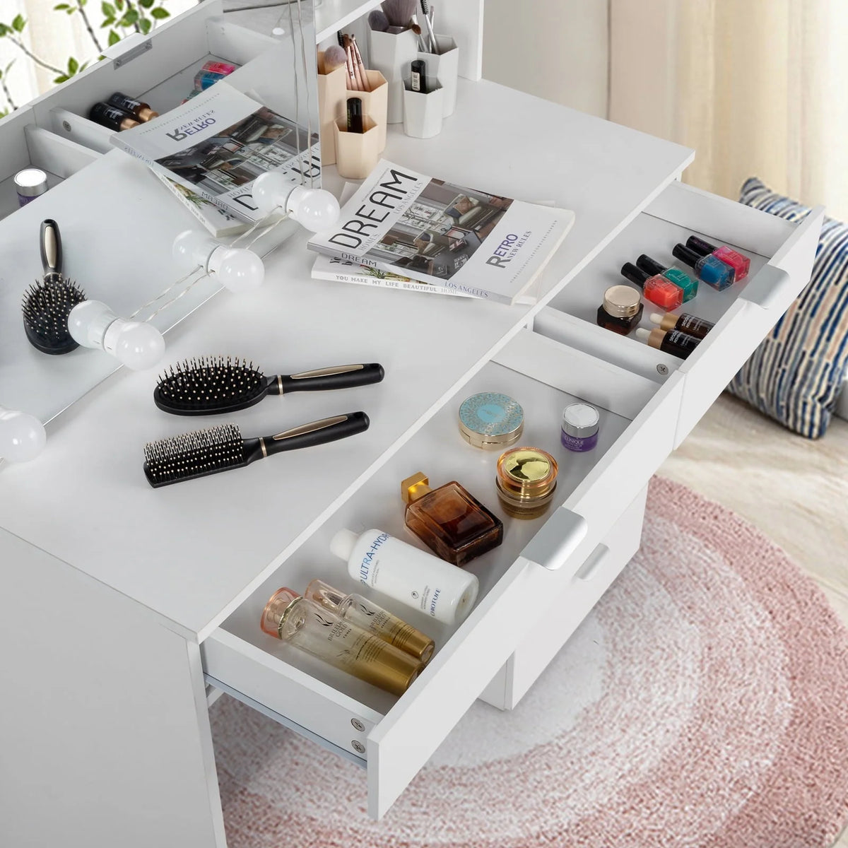 Ktaxon Vanity Set with 3 Color Lighted Mirror, Makeup Table with 6 Drawers, Dressing Table Makeup Desk with Stool,White