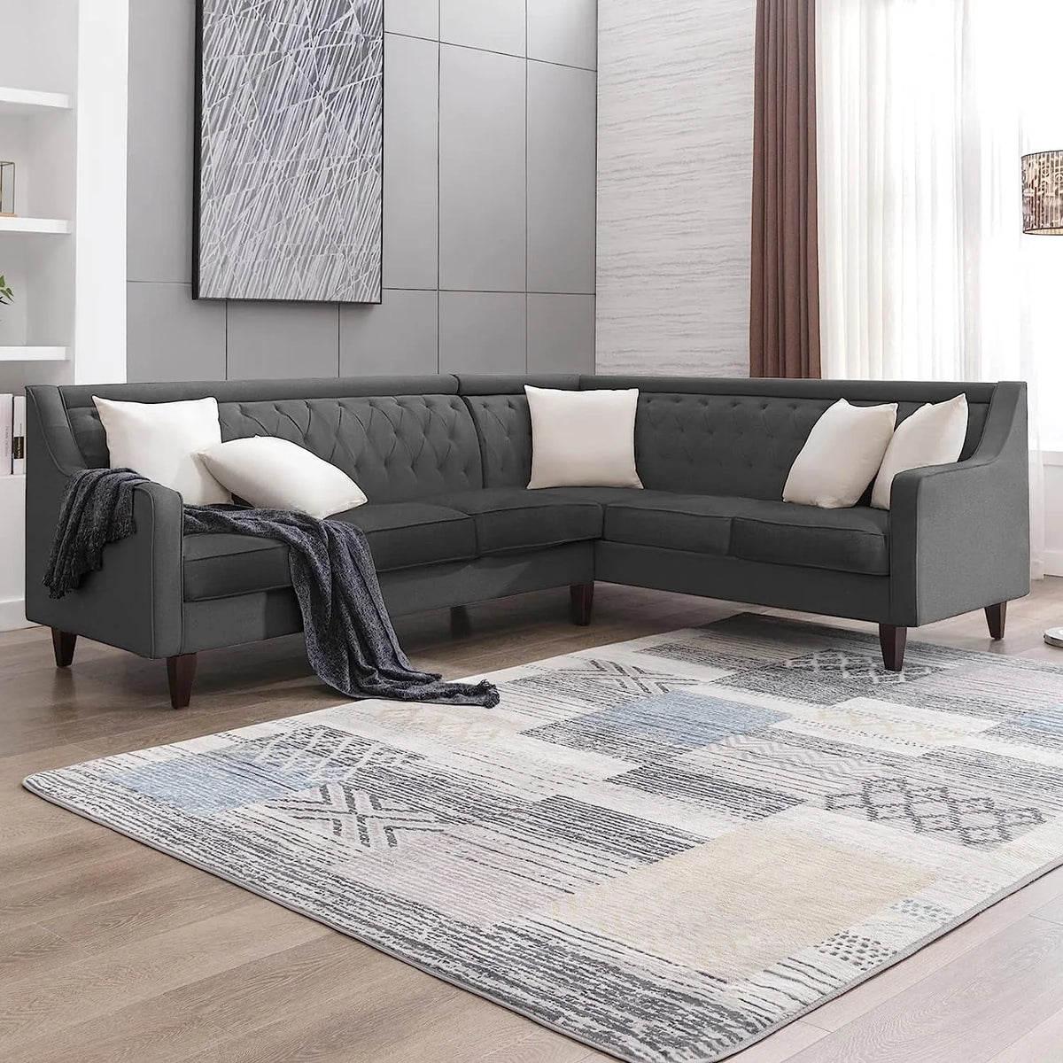 BALUS L Shaped Sofa Couch, Sectional Couches for Living Room, 6-seat Sofa Couch Has Button Tufted Backrest, U Shape Grey Sofa for Living Room/Apartment/Office (Dark Grey)