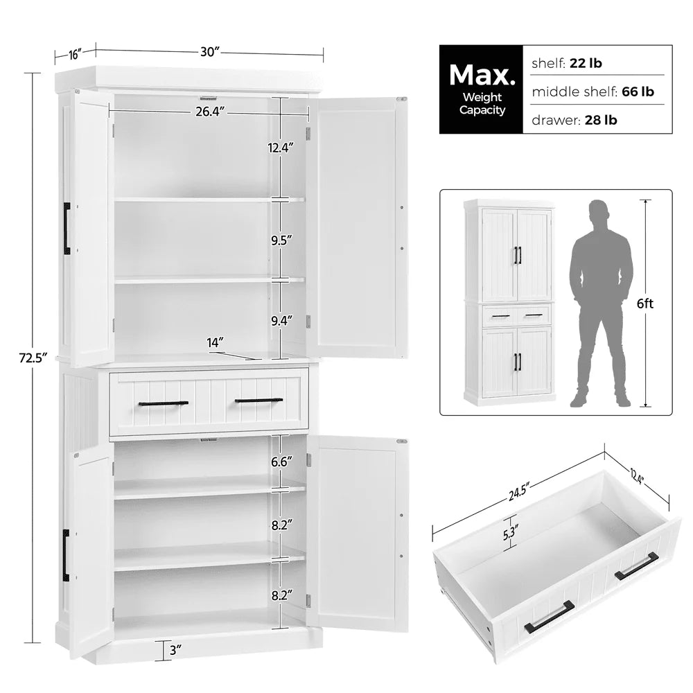 Topeakmart 72.5" H Kitchen Pantry Cabinet with Doors and Adjustable Shelves, White