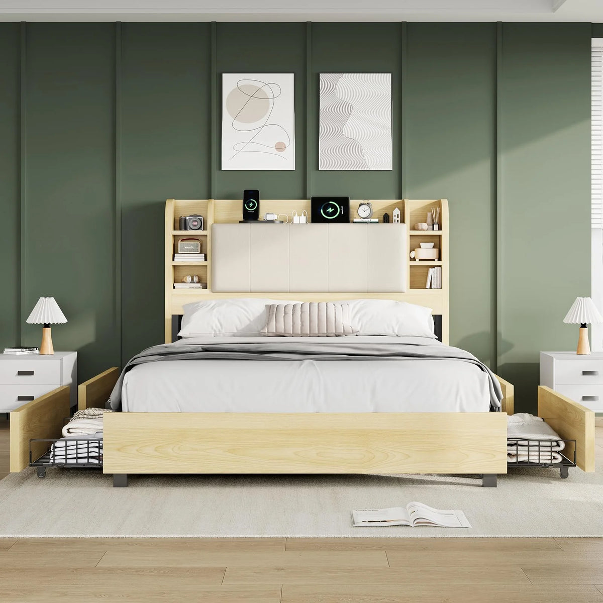 PLAUIN King Size Bed Frame with Storage Drawers, 47.2" Headboard and Wooden Platform, Grey