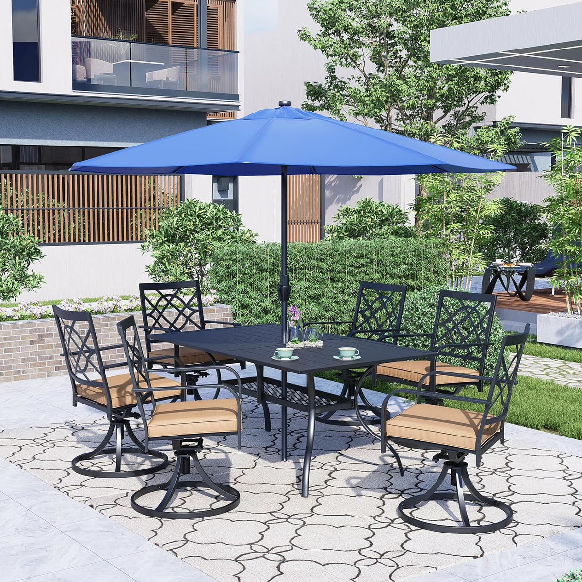 SUNCROWN 5-Piece Outdoor Wrought Iron Chairs and Table Patio Dining Furniture Set - 4 Stackable Metal Chairs, 1 Steel Slat Bistro Table and 1 Sky Blue 9Ft Patio Umbrella for Garden Backyard Deck