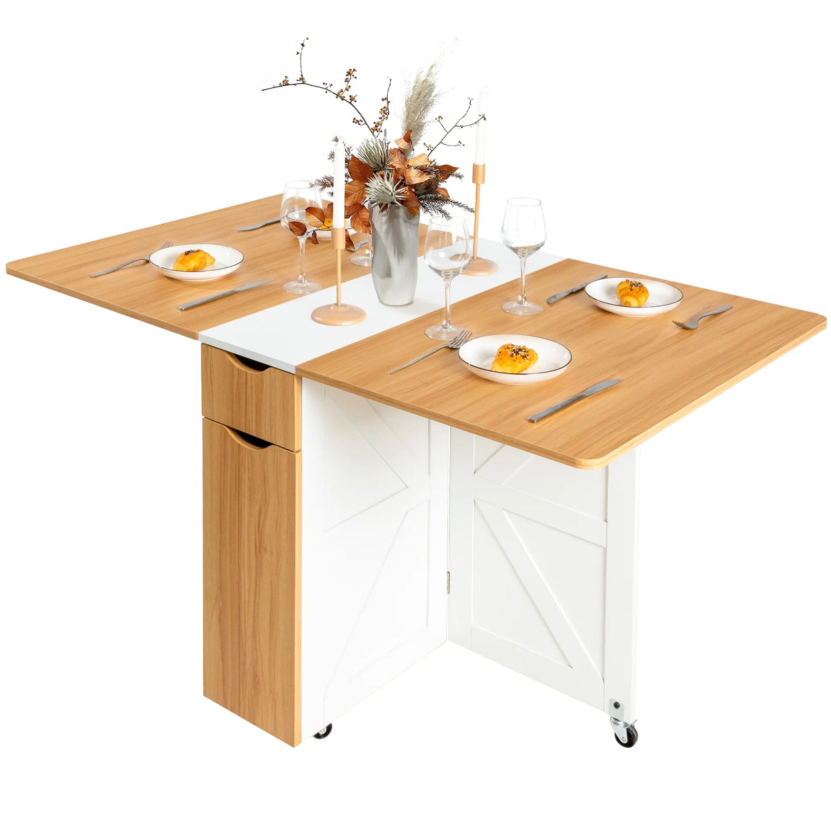 spanspace Folding Dining Table, Drop Leaf Dining Table with 6 Wheels and 2-Layer Storage Shelf, Space Saving Dining Table for Small Spaces,Folding Kitchen Table,White