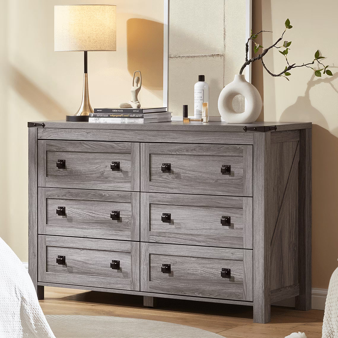 CHITOOMA Wooden Dressers for Bedroom 6 Drawer Adult, 47.2" Storage Cabine with Double Handle, Chest of Drawers for Living Room Hallway, Walnut
