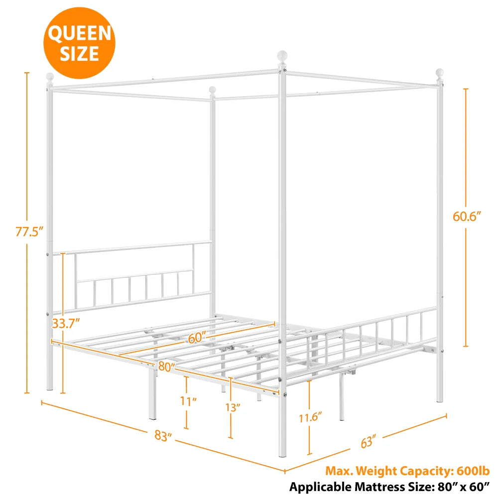 Yaheetech Metal Canopy Bed Frame, Four-poster Canopied Platform Bed with Headboard and Footboard, Queen, White