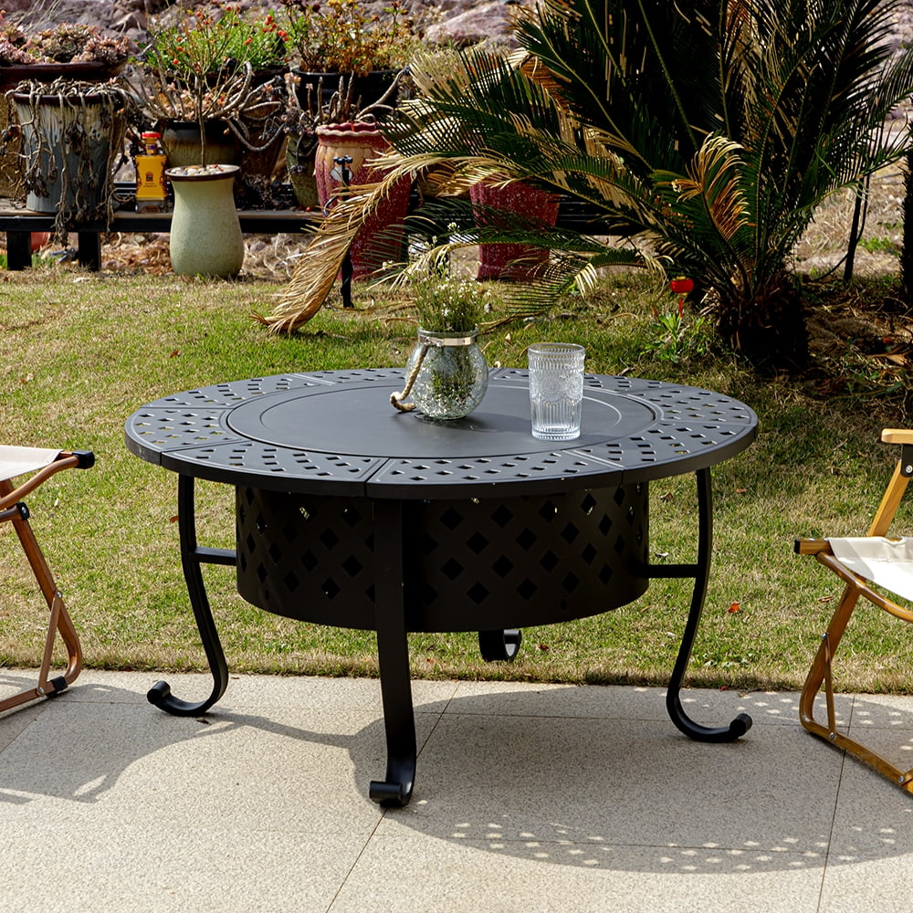 Outvue 36 inch Metal Fire Pit with 2 Grill and Lid for Outside, Garden
