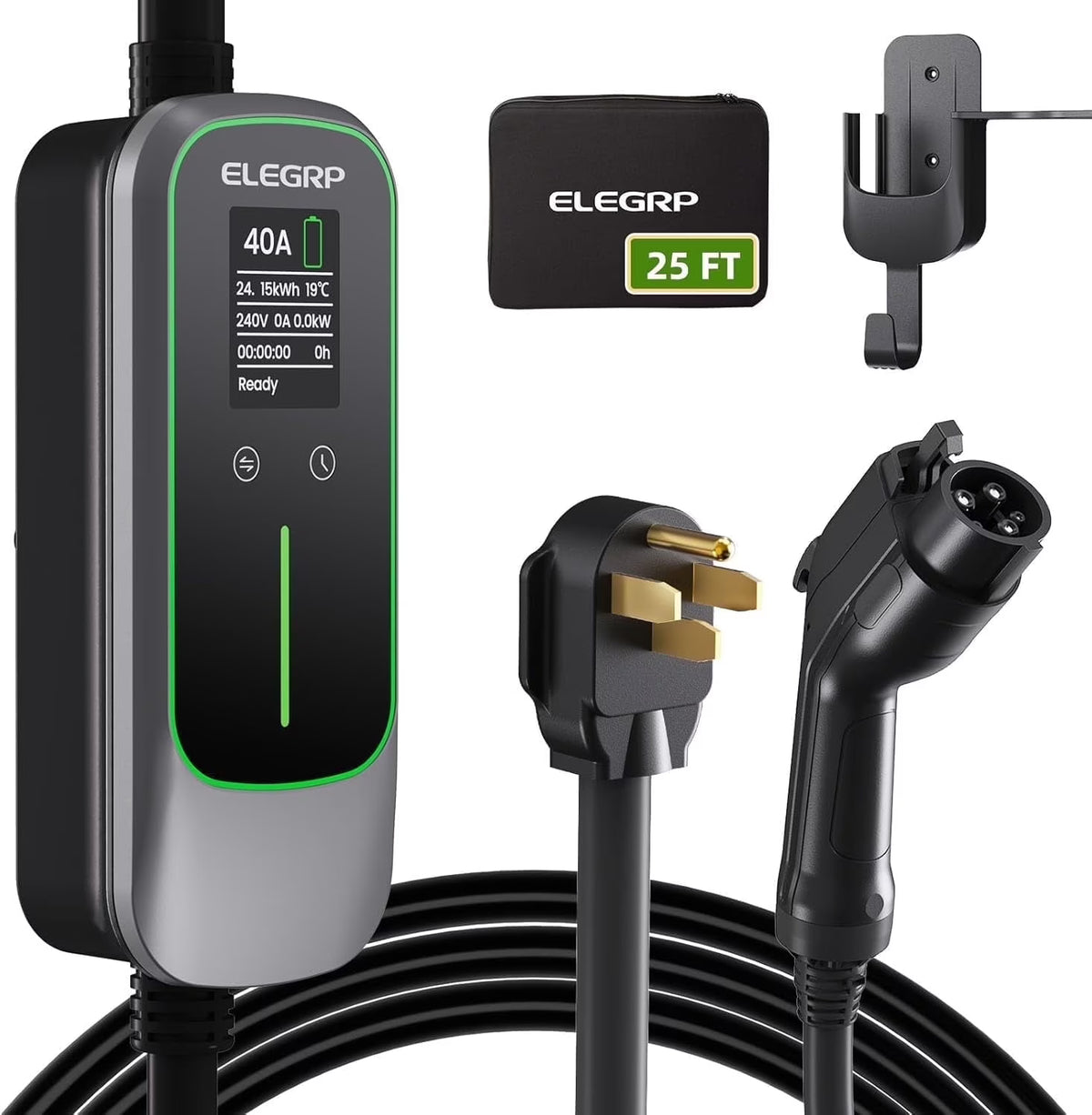 ELEGRP Portable Electric Vehicle Charger Level 2, EV Charger 240V 40A for BEVs/PHEVs，PBE & LCD TH, 25ft Cable W/NEMA 14-50 Plug, 1PC