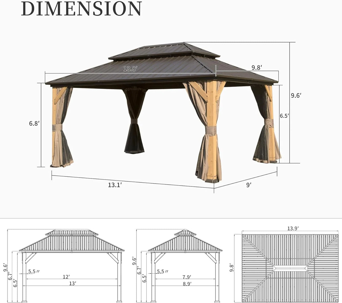 Domi 12x20 ft Wood Gazebo, Cedar Wood Frame Hardtop Gazebo with Galvanized Steel Double Roof, Outdoor Gazebo with Netting and Curtains, Patio Gazebo Pergola Pavilion for Patio, Backyard, Deck, Lawns