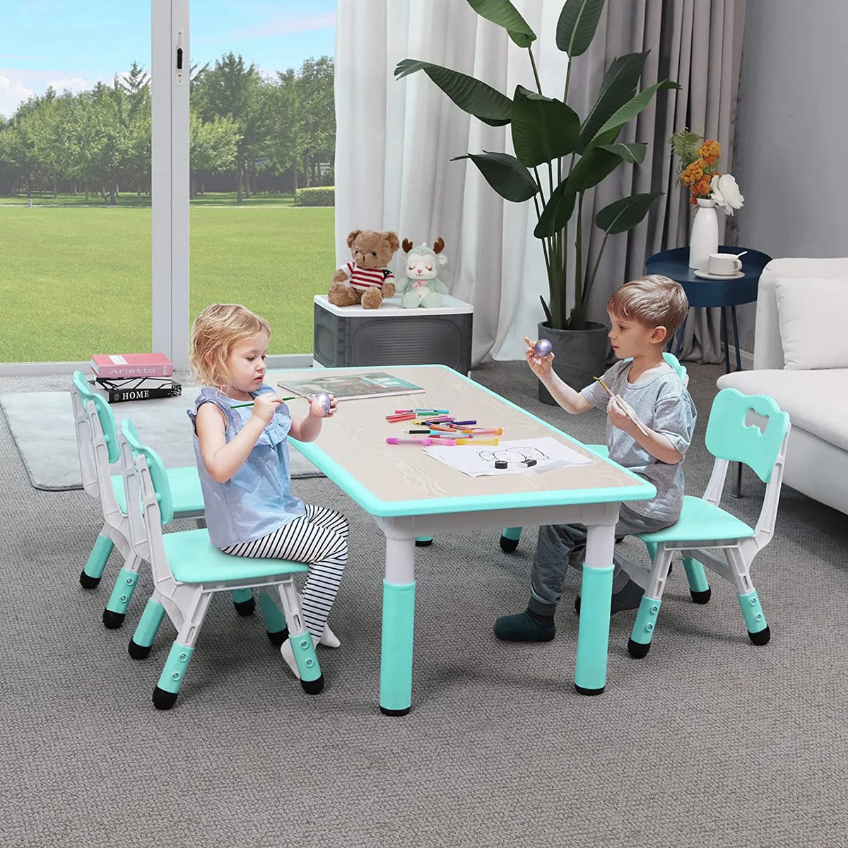 Arlopu Toddler Table and Chair Set Height Adjustable, Kids Activity Table for Reading, Drawing, Eating, Studying, Max 220lbs