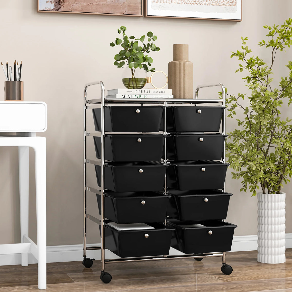Gymax 10-Drawer Rolling Storage Cart Tools Scrapbook Paper Organizer on Wheels Black Gradient