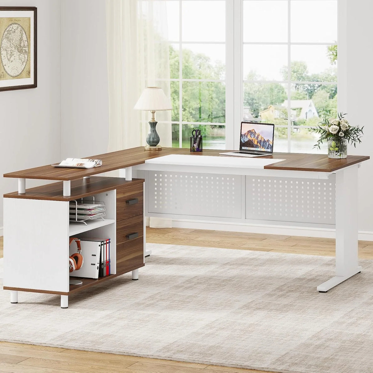 Tribesigns 63 Inch Executive Desk with File Cabinet, Large Office Desk L Shaped Computer Desk with Drawers and Storage Shelves, Business Furniture Desk Workstation for Home Office, Brown and Black