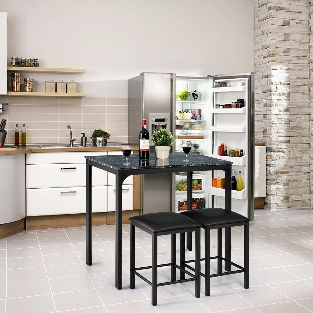 Costway 3 Piece Counter Height Dining Set Faux Marble Table 2 Chairs Kitchen Bar Black