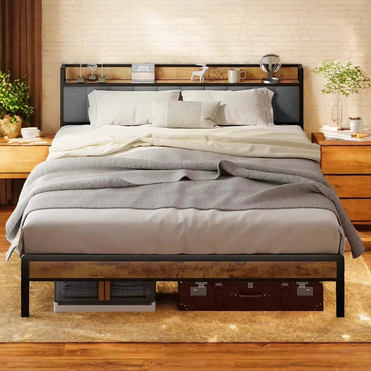 Lofka Queen Size Bed Frame with Upholstered Wingback Headboard Beige Finish