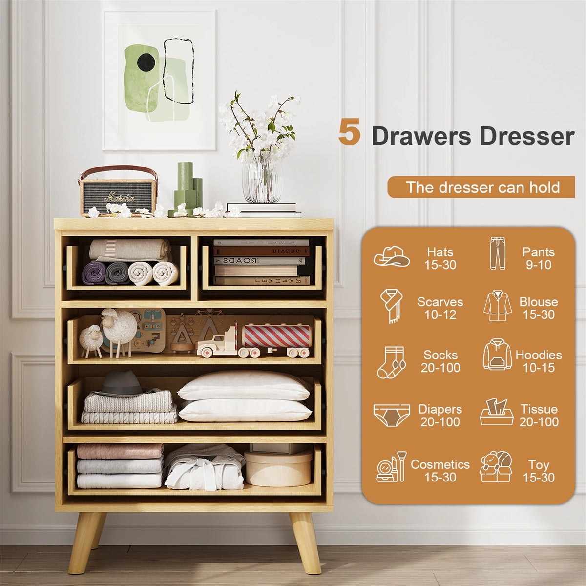 Planntonneo Boho Fluted 6 Drawer Dresser, Wooden Chests for Bedroom