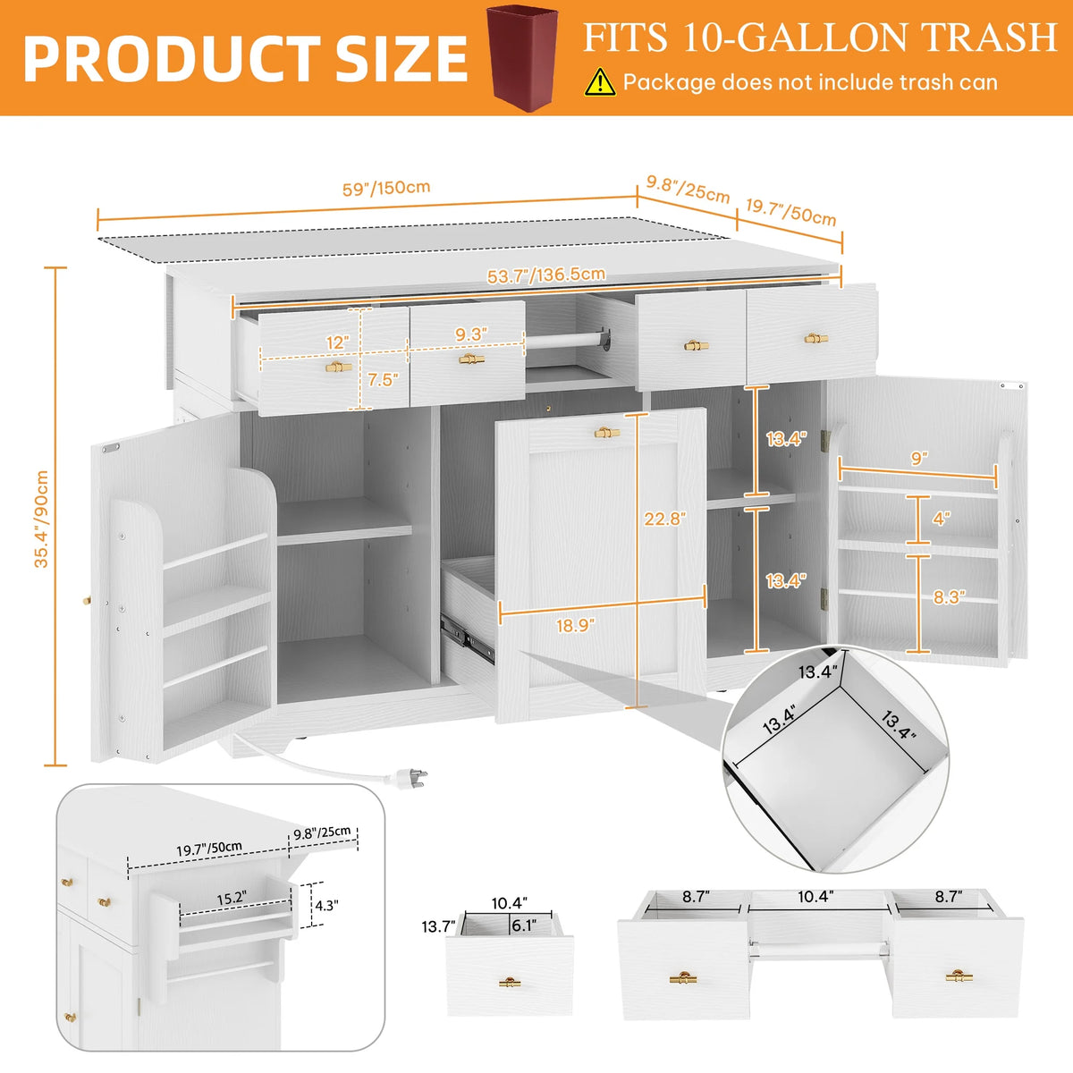 Craftian Kitchen Island with Drop Leaf & Power Outlets, Kitchen Cart with Trash Storage, White