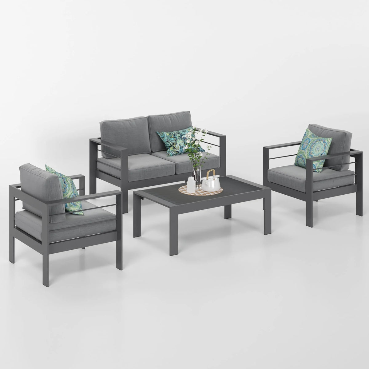 CozyHom 5 Pcs Outdoor Patio Aluminum Furniture Sofa Sets, Outside Patio Conversation Couch Sets With Table&Cushions for Garden Porch, Gray