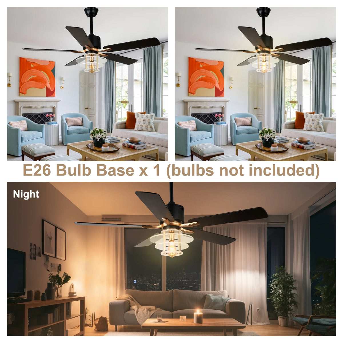 Bella Depot 52" Modern Black Ceiling Fan 6-Speed Reversible with Light and Remote Control