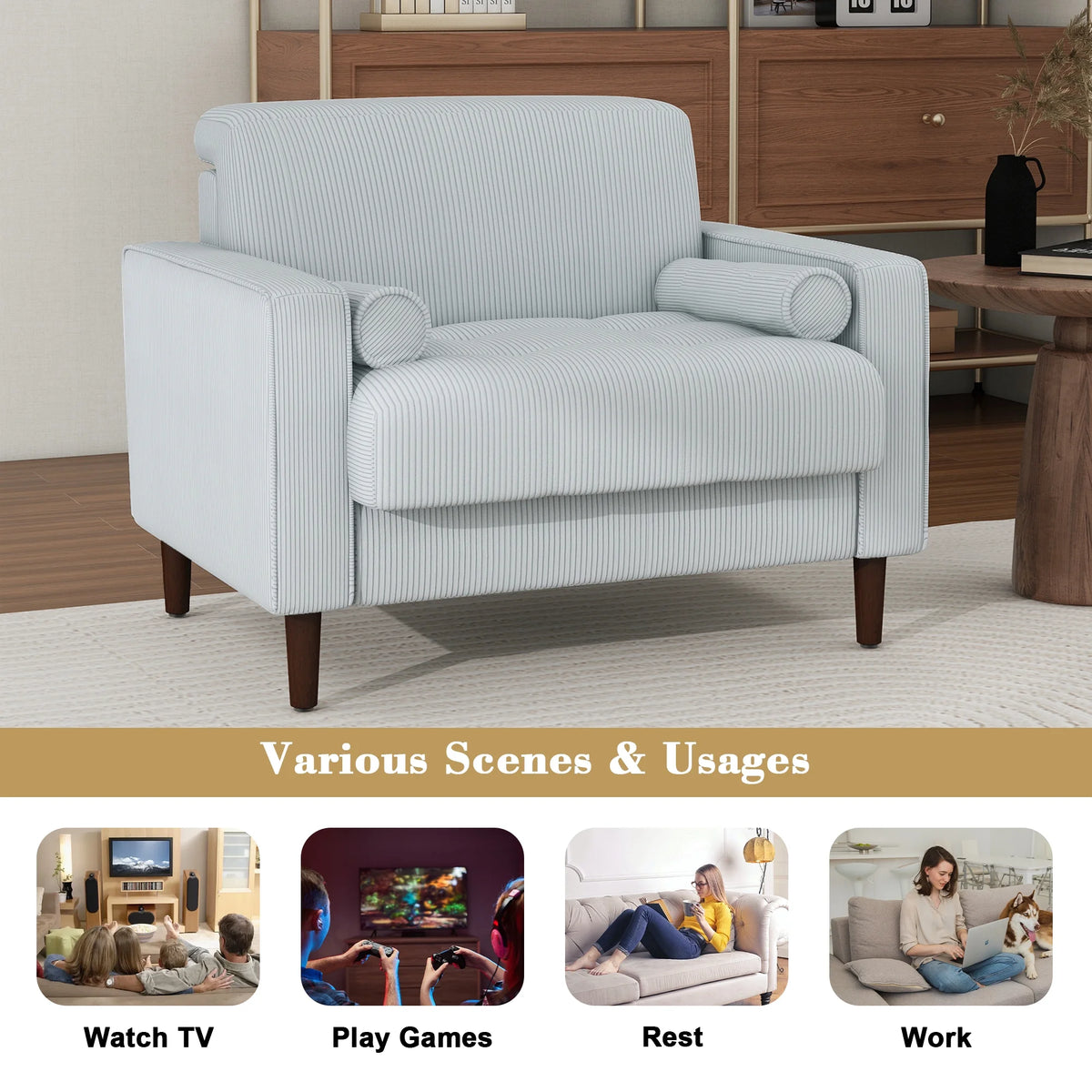 UIXE Corduroy Accent Chair Modern Upholstered Arm Chairs Comfy Reading Armchair with Pillow Armrest Tufted Living Room Single Sofa Lounge Seat, Yellow