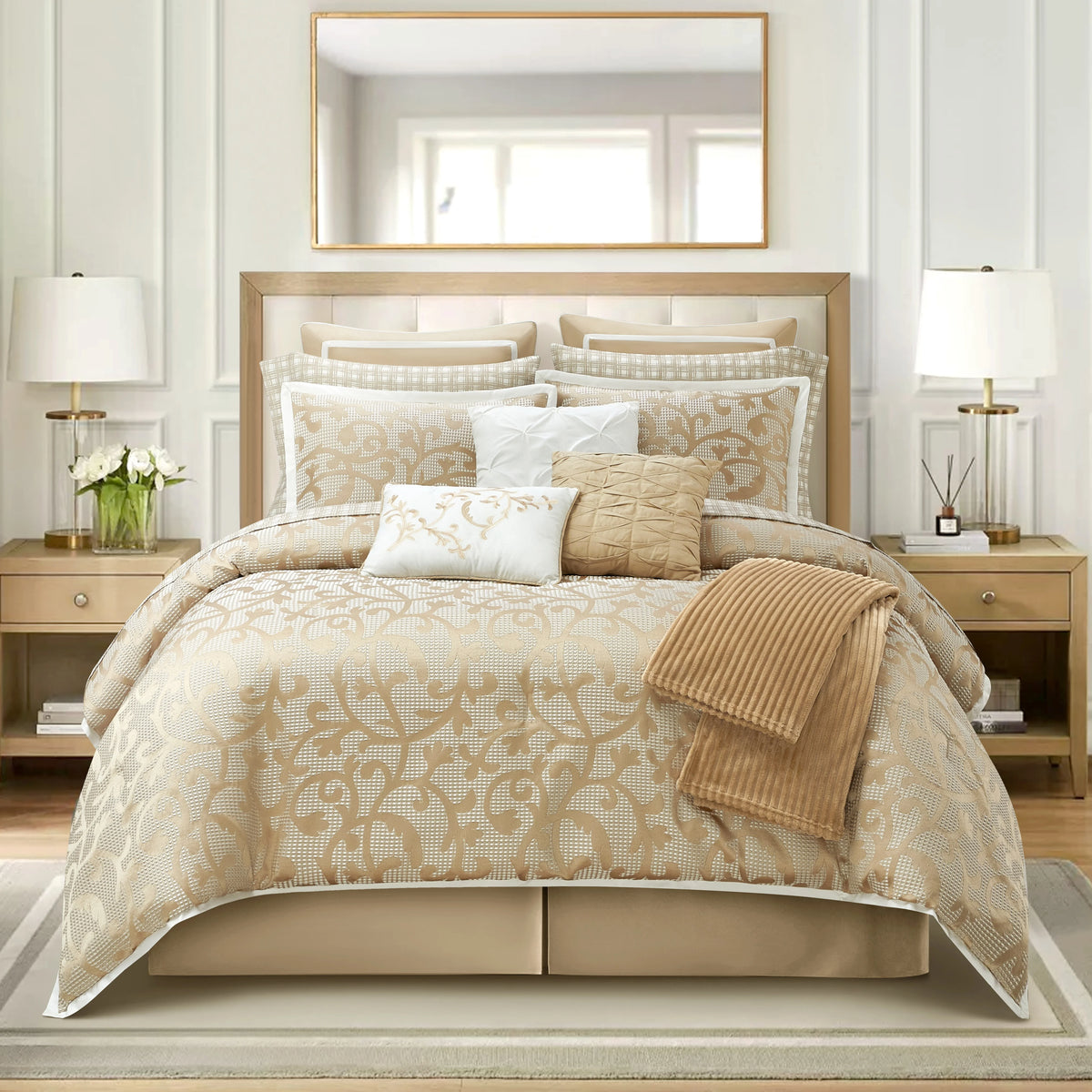 Lanco Smoke Grey Comforter Set California King Size, 9 Piece Jacquard Floral Bedding Set, All Season, Ultra-Soft, Matching Pillows & Shams, Bed Skirt